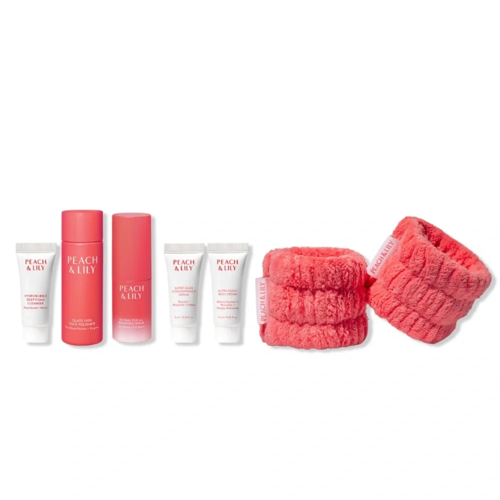 PEACH & LILY 7p Cleanser Polisher Serums Moisturizer Cream Wristbands $79 NIB